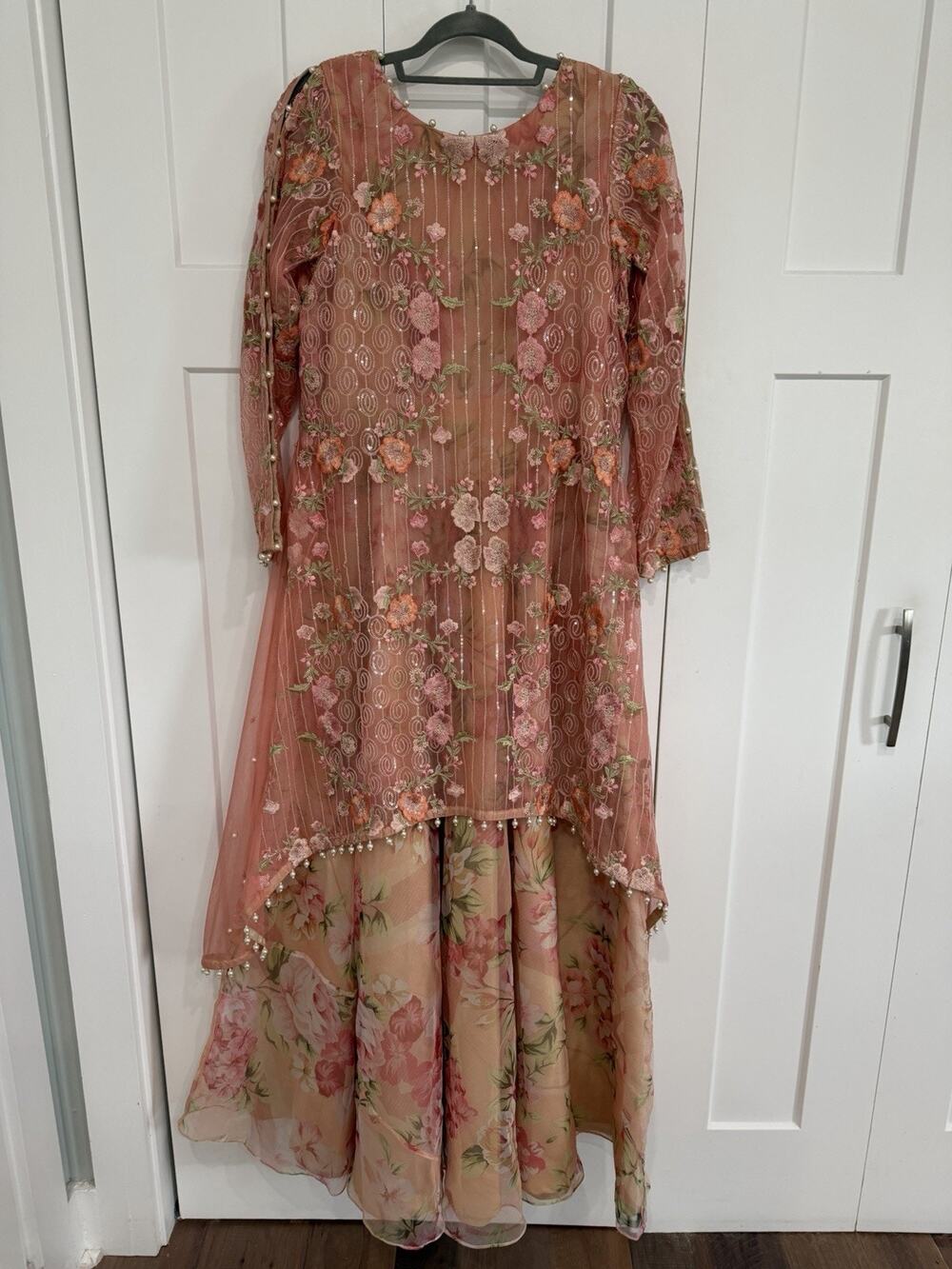 Pakistani Indian Medium Floral Dress Threads & Motifs Peach Pearls Sequins